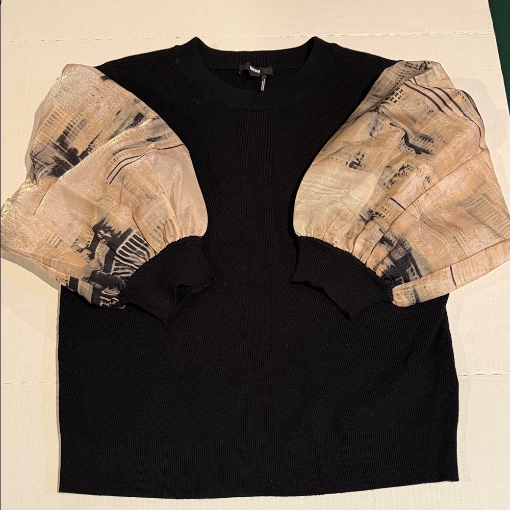 DKNY Black Top with Sheer Patterned Sleeves